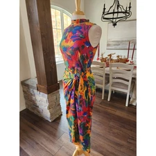 Vintage 80s Carolina Colours Abstract Floral Ribbed Mock Neck Wrap Midi Dress