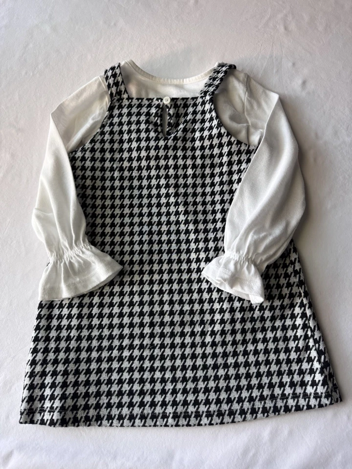 TOMMY Hilfiger NIÑAS Vestido Jersey Pata de Gallo Negro Blanco Manga Larga Top Lote 3T Foto 3 de 4