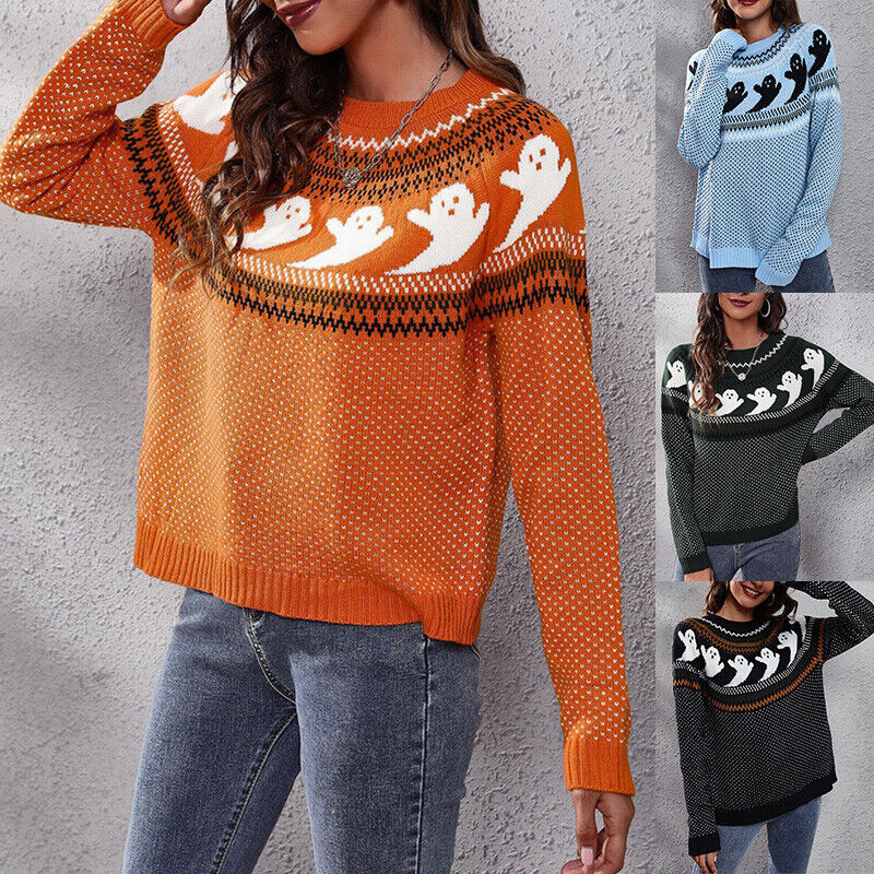 Women Ghost Print Sweater Pullover 