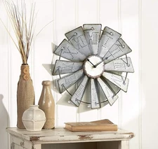 Metal Windmill Wall Clock Battery Operated Farmhouse Rustic Metal 14.5"