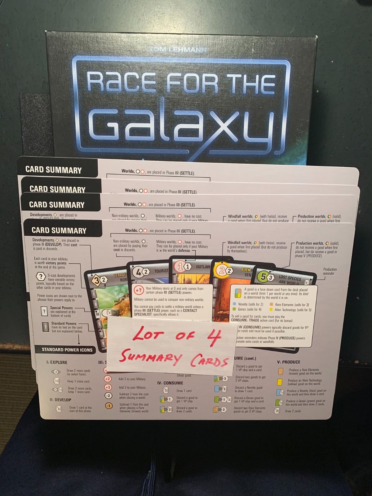 Race For The Galaxy Summary Cards Lot of 4  GAME REPLACEMENTS Free Ship
