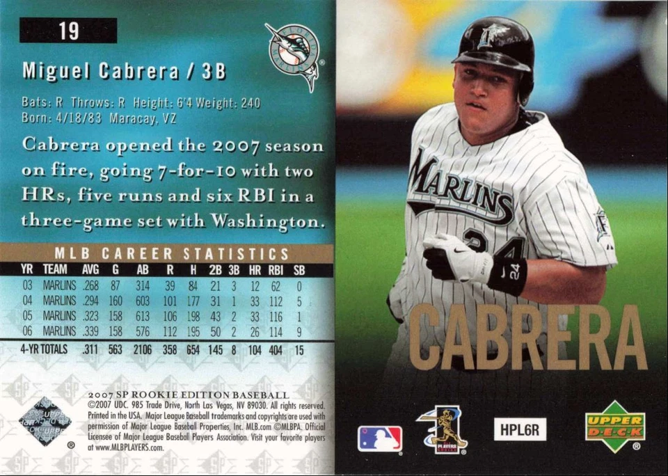 2007 SP Rookie Edition Miguel Cabrera Florida Marlins #19 - Image 2 of 2