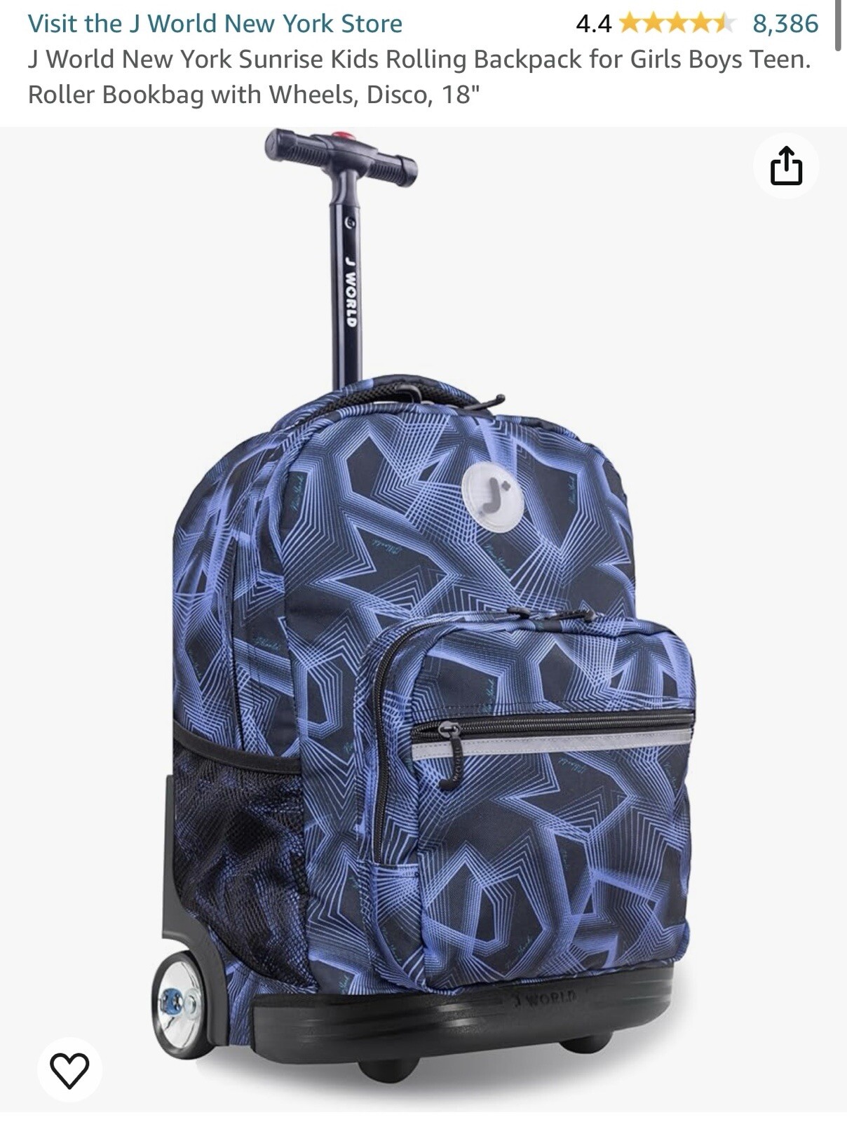 J WORLD NEW YORK SUNRISE ROLLING BACKPACK GEO BLUE PRINT 18" BOOKBAG