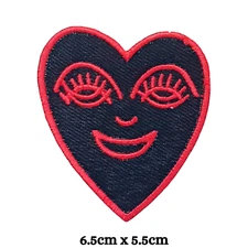 Happy Heart Red on black Iron/Sew on Embroidered Patch- Red