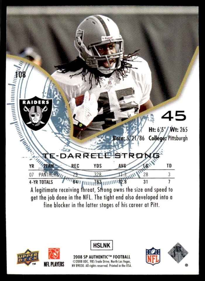 2008 SP Authentic Darrell Strong Rookie 0701/1399 Oakland Raiders #108 R87 - Image 2 of 2