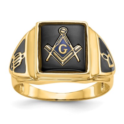 10k Yellow Gold Polished Antiqued Textured Onyx Masonic Ring