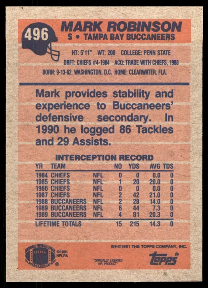 1991 Topps Mark Robinson Tampa Bay Buccaneers #496 - Image 2 of 2