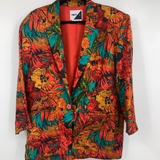 Jennifer L Womens Medium Jacket Silk Floral Pockets Shoulder Pads Art To Wear