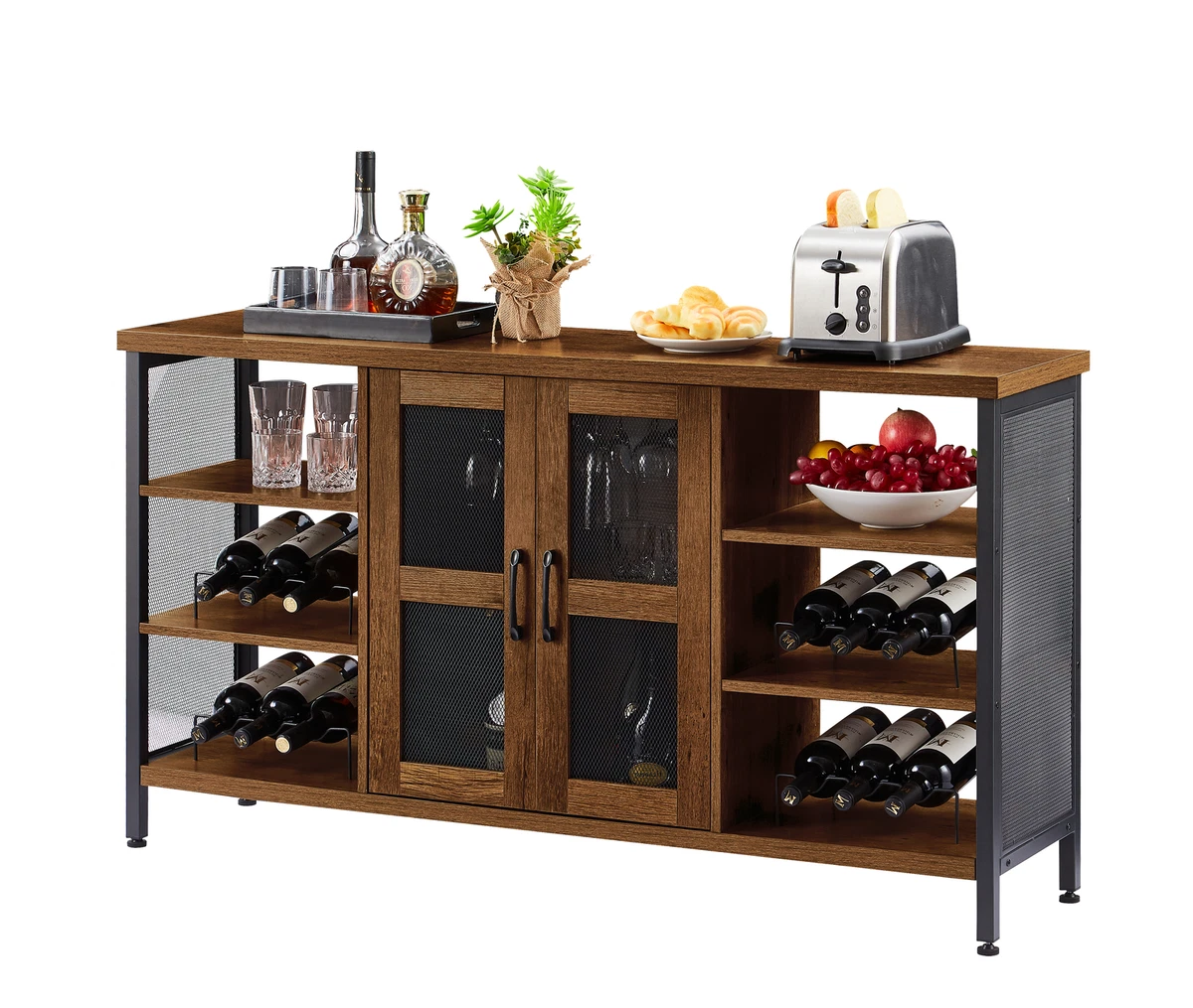 Industrial Wine Bar Cabinet Wine Rack Liquor Glasses Storage Sideboard W Door