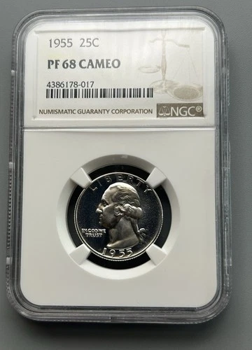 1955 Washington Quarter NGC PF68 CAMEO~ PR68 Eye Appealing Coin~ Perfect Luster!