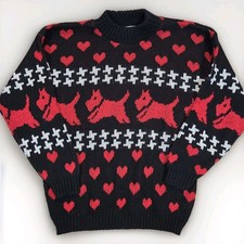 Vtg ADELE KNITWEAR Scottie Terrier Dog Hearts Pattern Mock Neck Sweater 90s