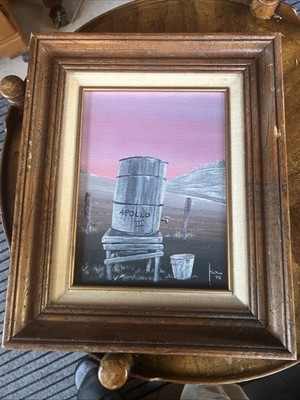 Vintage Oil painting Wild Apollo Bucket 15  w 17.5  H 76 years writing