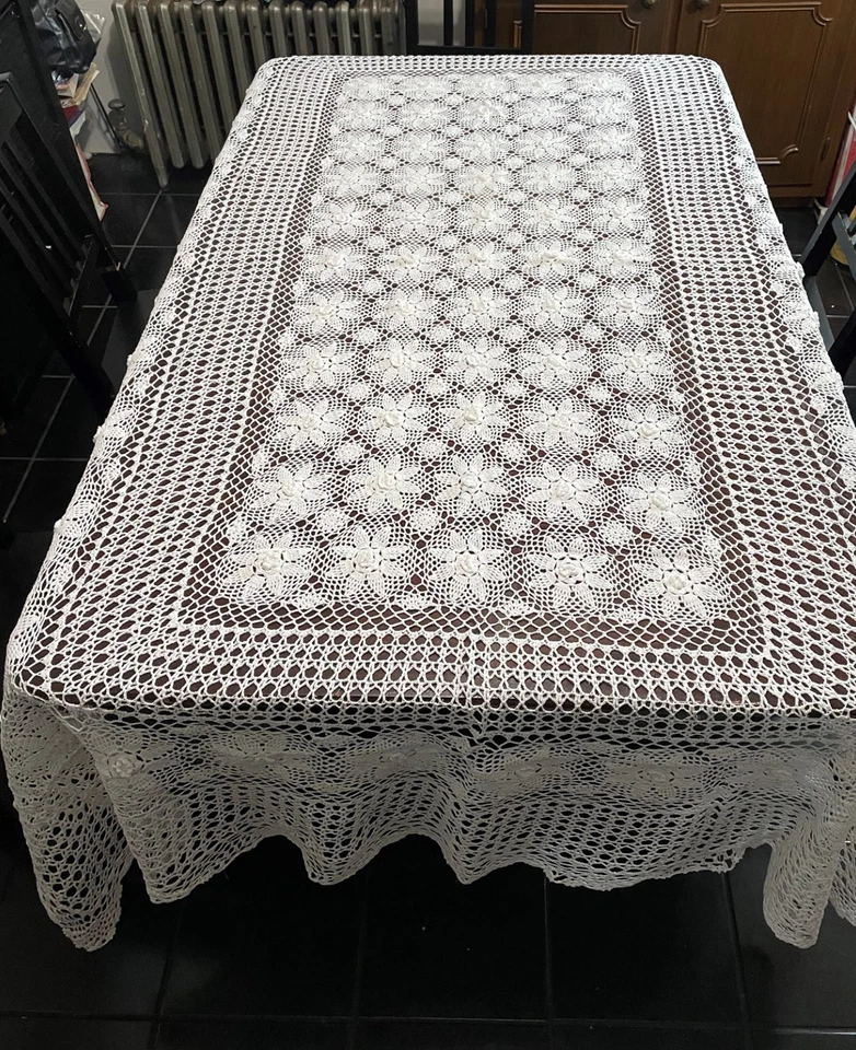New Handmade Crochet Lace Tablecloth, rectangular 72" x 108" 100% Cotton, white - Image 4 of 4