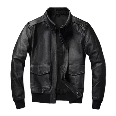 Blouson bombardier noir en cuir véritable pour homme style militaire classiqu... - Photo 1/4