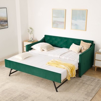 Modern Twin Size Velvet Upholstery DayBed w/ Pop-up Trundle & USB Port Green