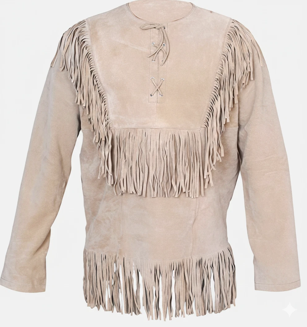 Men’s Beige Suede Leather Jacket Fringe Western Jacket Cowboy Native Vintage