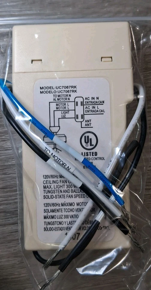 Hampton Bay Ceiling Fan Remote UC7067RK Receiver + Remote Kit  Replace. Control - Image 3 of 4