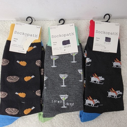 Sockopath Men's Socks Lot - 3 Pairs Chicken Wing Martini Black Fun Gift SZ 6-12