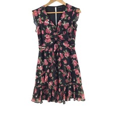 Portmans Dress Womens 8 Black Floral V Neck Sleeveless Ruffle Knee 133095