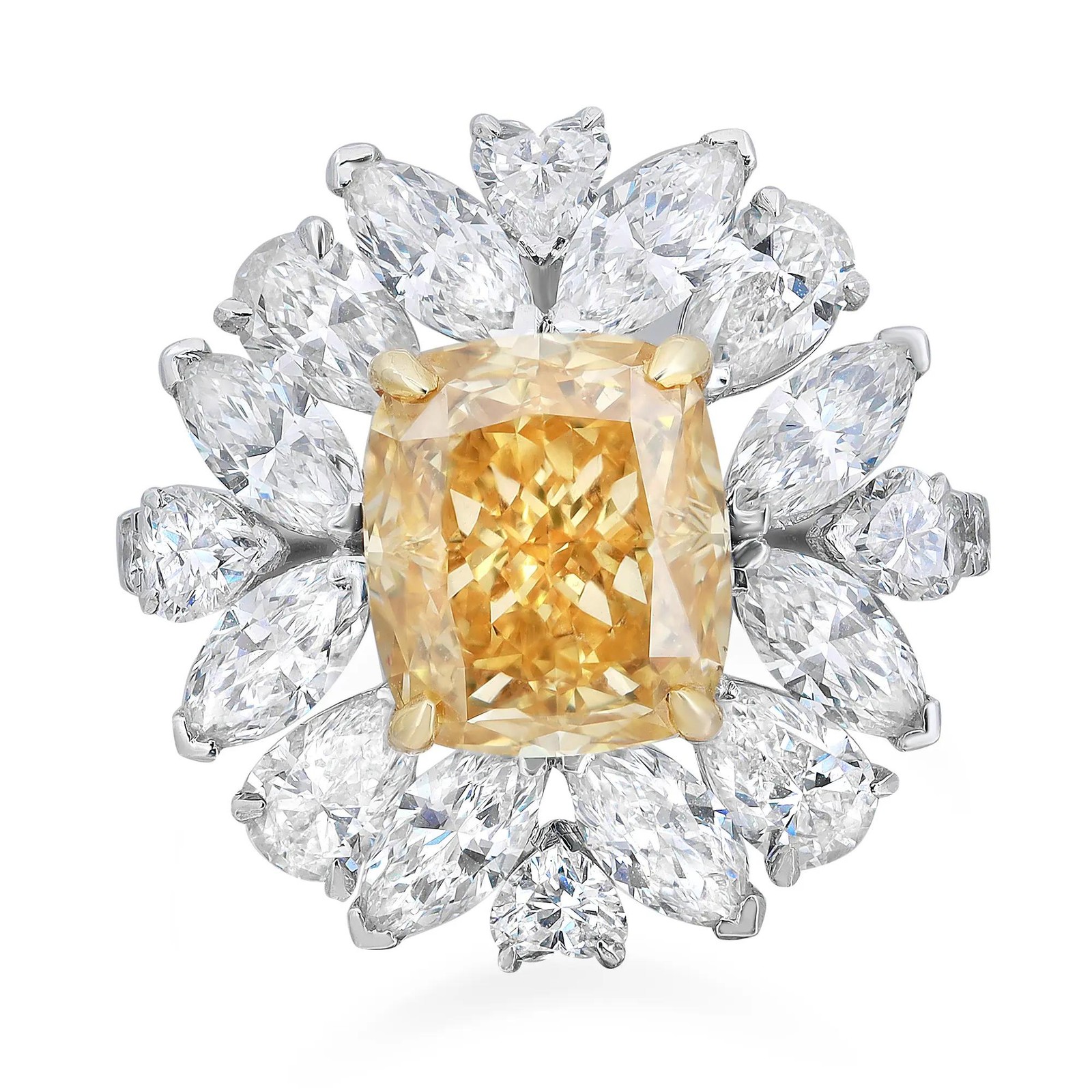 Yellow 3.71Ct & White 3.38Ctw Lab Grown Diamond Floral Cocktail Ring 14K Gold