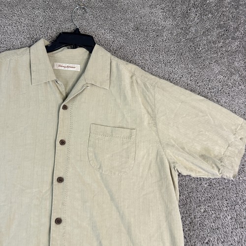 Tommy Bahama Hemd Herren Large hellbraun Seide Island Chop Shop bestickt Zigarre Freizeit - Bild 8 von 11