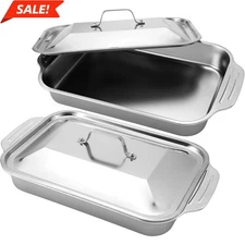 （4pcs ）Set of 2 Deep Pan and 2 Handle-Lid Stainless Steel Rectangular Baking Pan