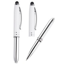 Ballpoint Pen with Stylus Tip and LED Flashlight, 2 Pack Metal Pen, White
