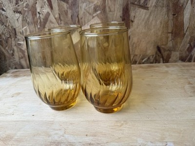Vintage Libby Honey Twist Glass SET OF  4 Swirl Base  Amber Tumblers Juice Glass