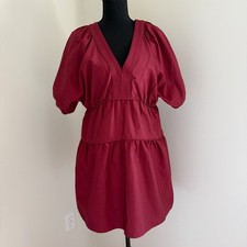NWT Madewell Burgundy Cotton Puff Sleeve Tiered Mini Dress size M $128