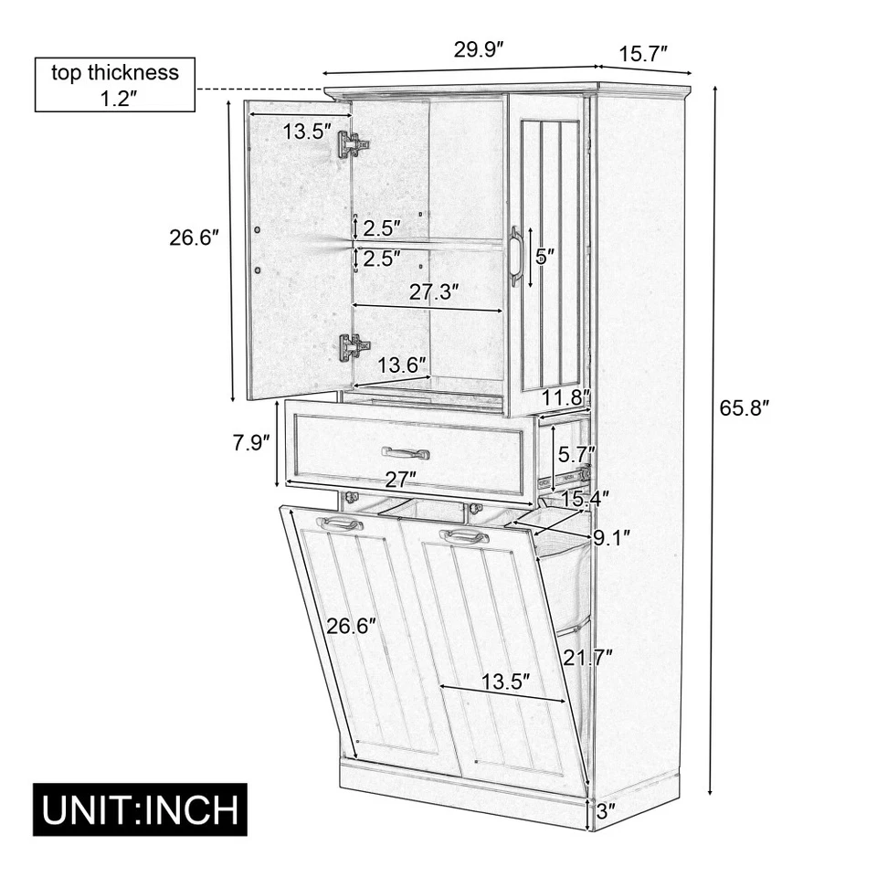 Bathroom Storage Cabinet With Two Laundry Baskets With Doors With Drawers - Image 3 of 4