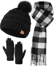 Winter Hat Gloves Scarf Set for Women, Fleece Lined Beanies, Long Scarf for Wome