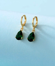 Womens Gold Hoop Earrings Green CZ Dangle Drop Elegant Fashion Jewelry GIft New