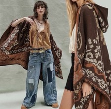 Free People Rown Printed Hooded Brown Floral Duster Poncho O/S NWT    Boho Cozy