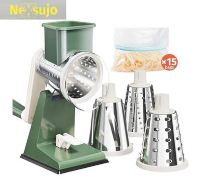 Upgraded Rotary Cheese Grater 3 Stainless Steel Drums Suction Base Olive Green