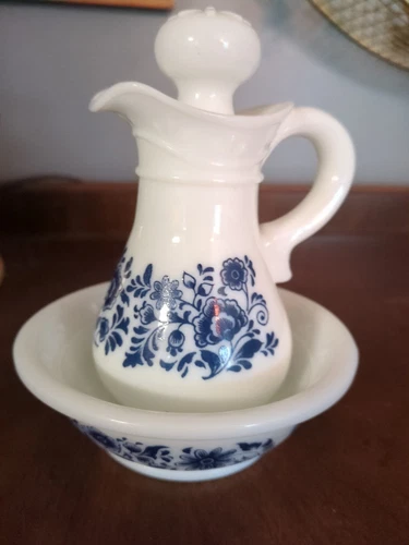 AVON  Vintage ! Milk Glass CRUET & Matching BOWL Blue White SKIN-SO-SOFT