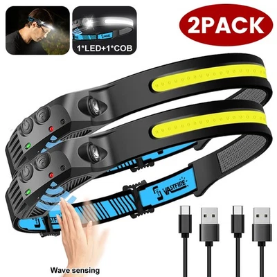 2X 5-Modi Stirnlampe COB+LED Kopflampe Wiederaufladbar Bewegungssensor Akku USB - Bild 1 von 4