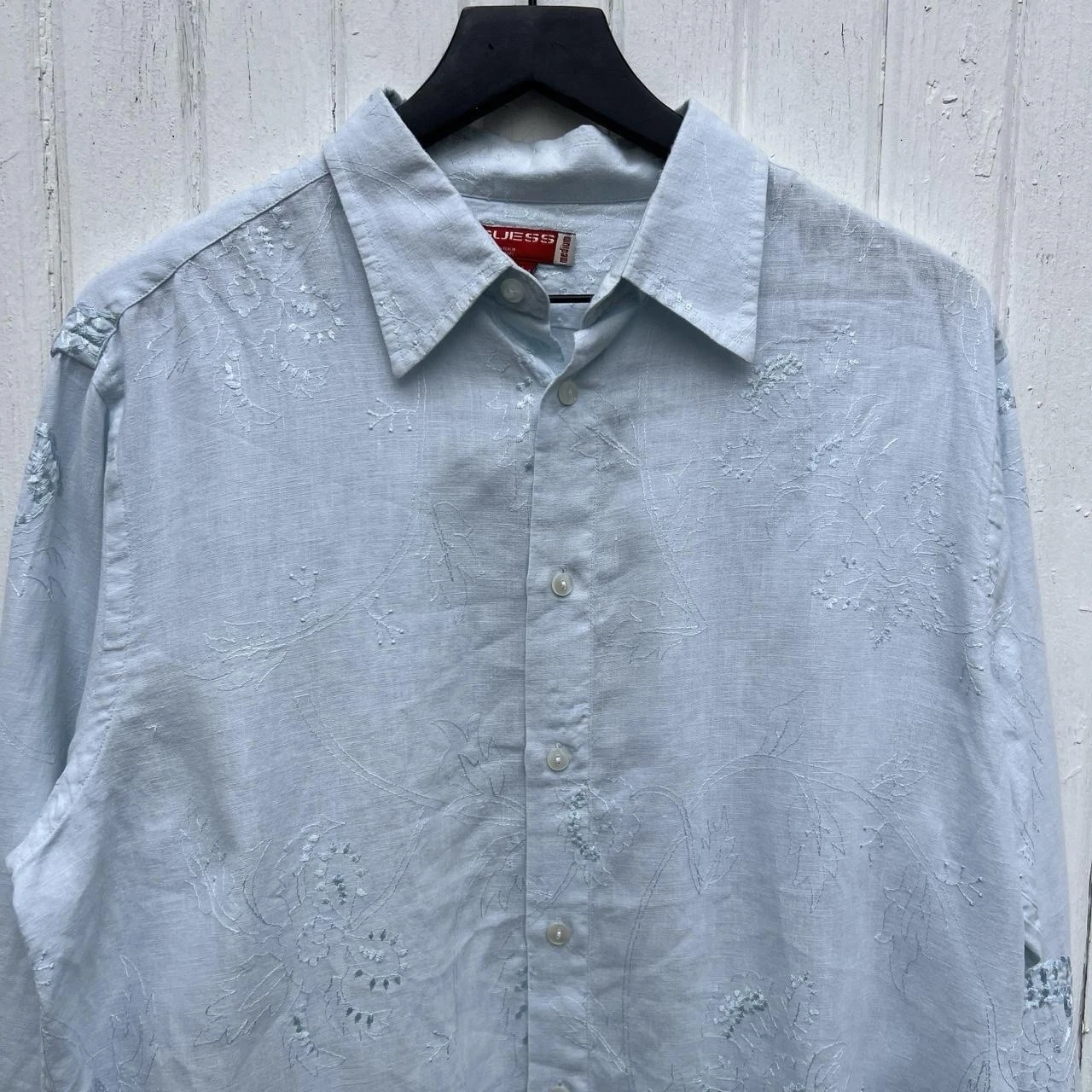Guess Linen Shirt • Baby Blue Embroidered Button Up • Size Medium