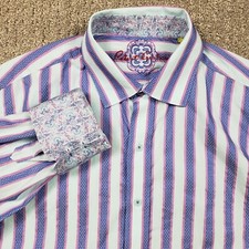 Robert Graham Shirt Mens Large White Purple Stripe Diamond Floral Flip Cuff