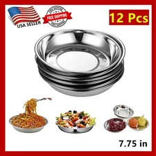 12 Pcs Stainless Steel Round Plates 7.75" Dinner Plate Dish Camping Picnic