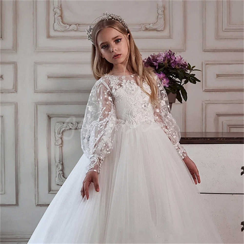 Flower Girl Dresses Ball Gown Kids Party Pageant First Communion Long  Sleeves | eBay