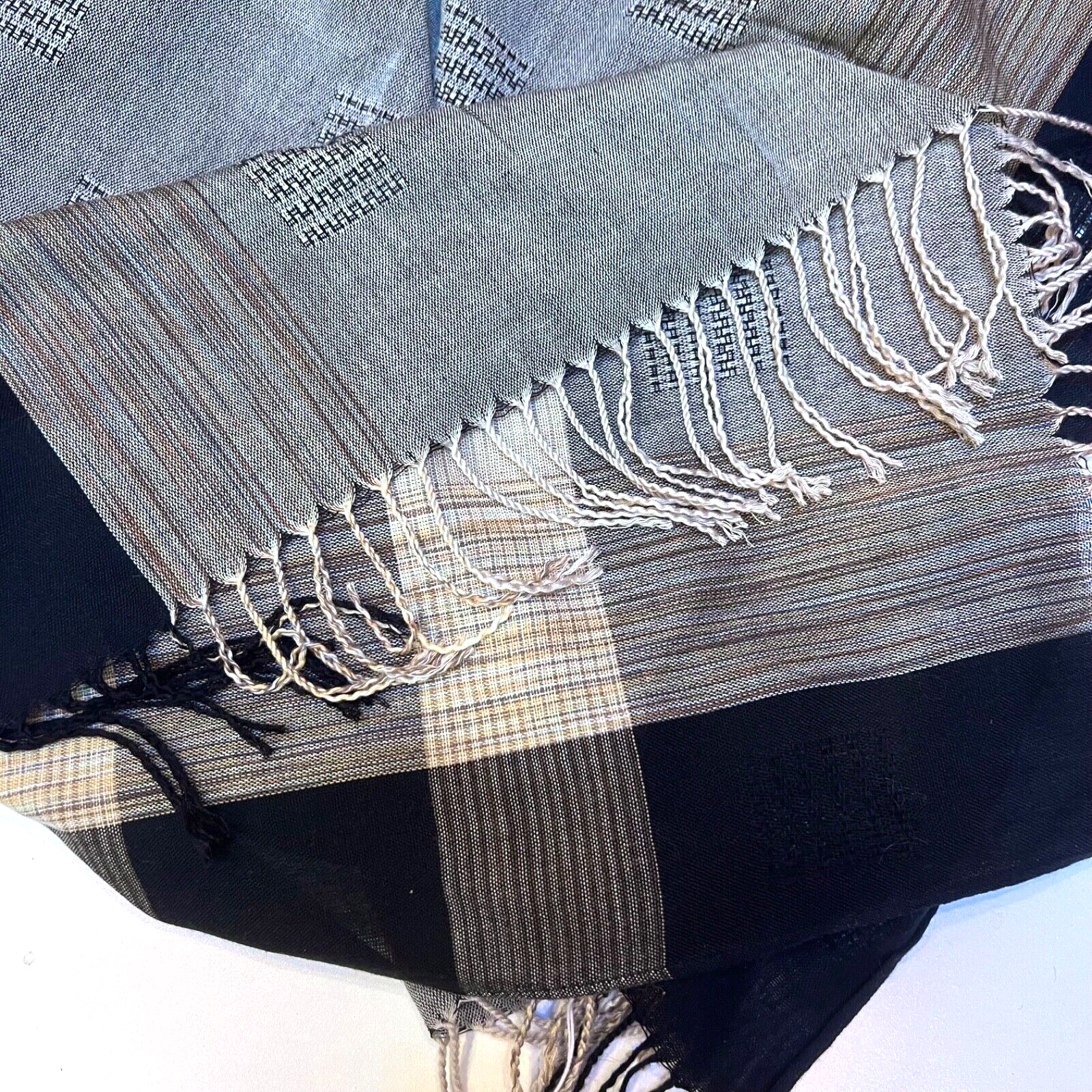 Unisex Viscose Plaid Scarf in Beige Black with Fringe, 72 x 26 Inches-image
