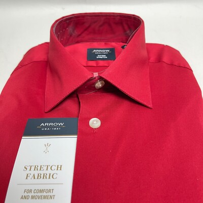 NWT ARROW Men's Red Easy-Care Stretch Fitted Sports Dress Shirt 14.5 32/33 Small