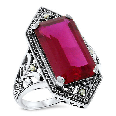 #90 9 Ct LAB RUBY ANTIQUE DESIGN 925 STERLING SILVER FILIGREE RING SIZE 8