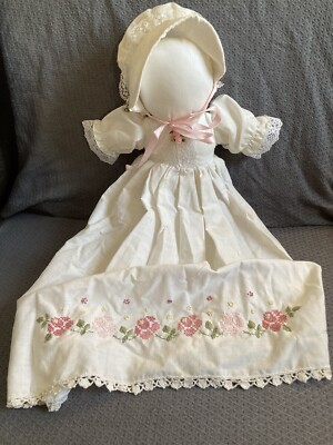 Vintage Handmade Embroidered Pillowcase No Face Amish Doll Pink Roses