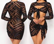Summer Fashion Double Tie Cut Out Mesh Velvet Mini Dress Cover Up Party Clubwear