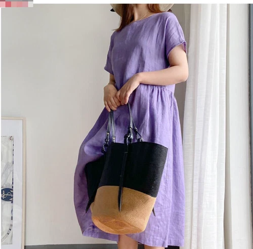 Womens Cotton Linen Retro Casual Summer Tunic Shirt Kaftan Pockets Midi Dress - Bild 7 von 11