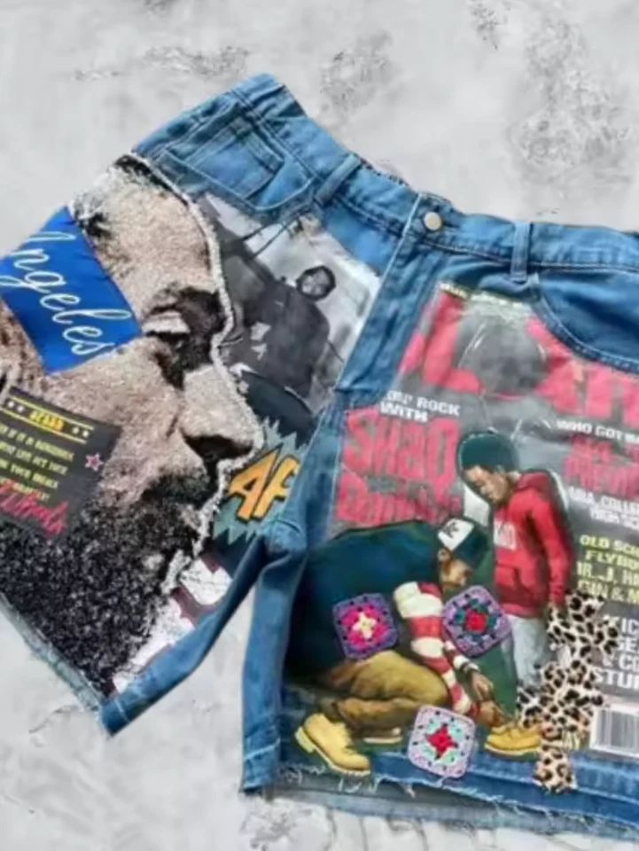 Pantalones Cortos Vaqueros Retro Tema Ciudad Gráficos Personalizados Artista Musical Collage Denim Foto 2 de 4