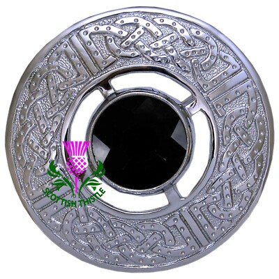 Scottish Fly Plaid Brooch Black Stone Chrome Finish/Highland Kilt