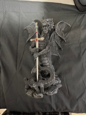 Lrg Black Medieval Fantasy Resin Dragon Holding a Jeweled Sword Halloween Decor