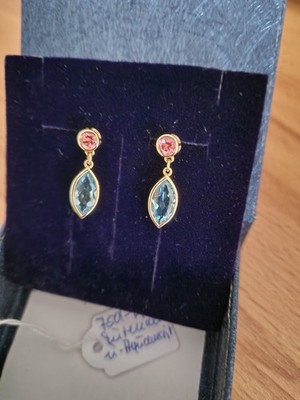 1 Paar 750 Gelbgold 18Kt Ohrstecker 2 Aquamarine und 2 pink Turmaline